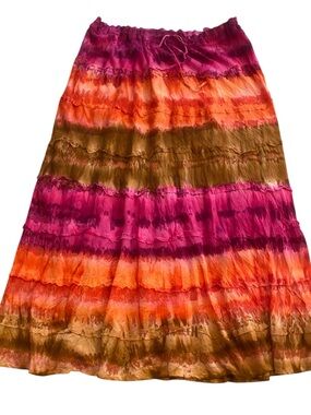 Women’s Bohemian Tie-Dye Tiered Maxi Skirt Draw StringWaist Hippie Colorful L/Xl